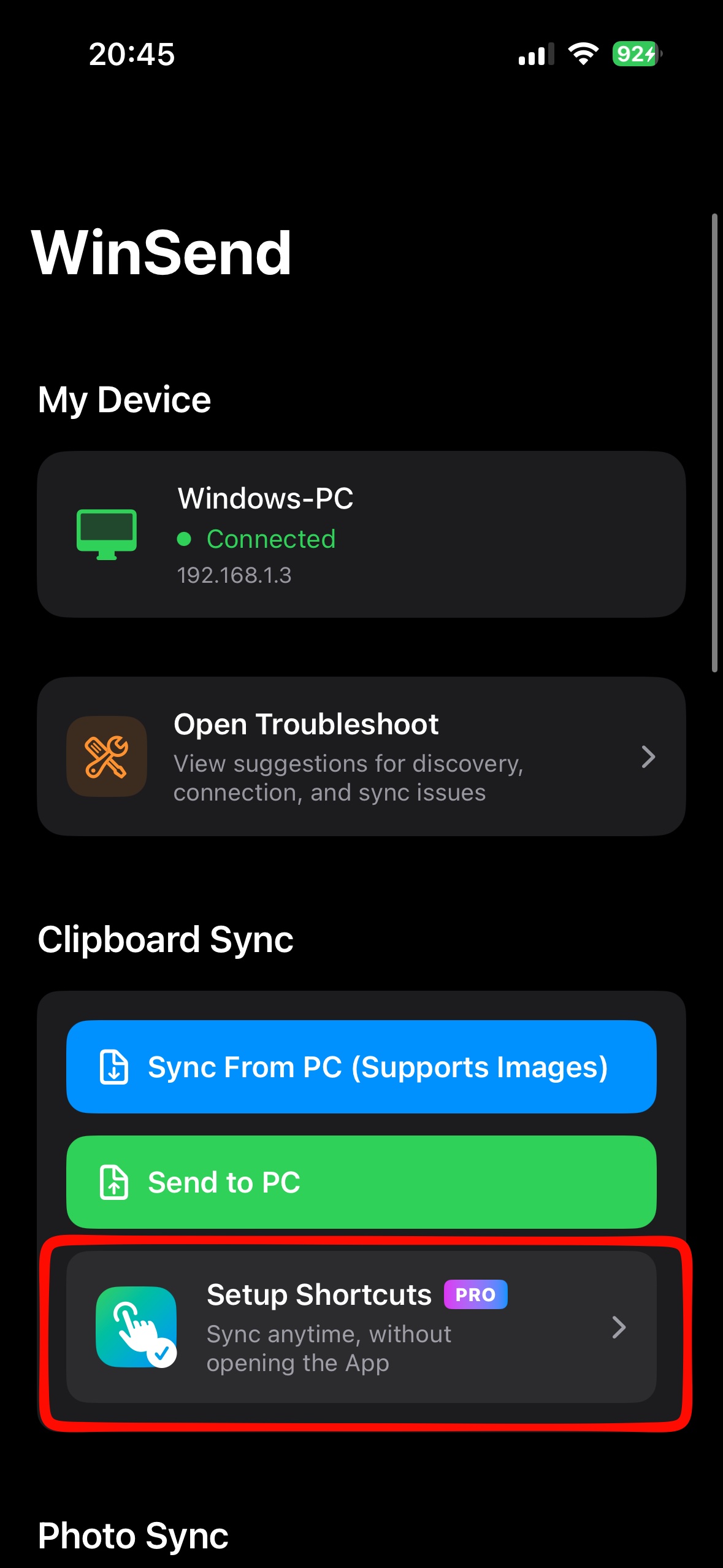 WinSend iPhone shortcuts setup page 1