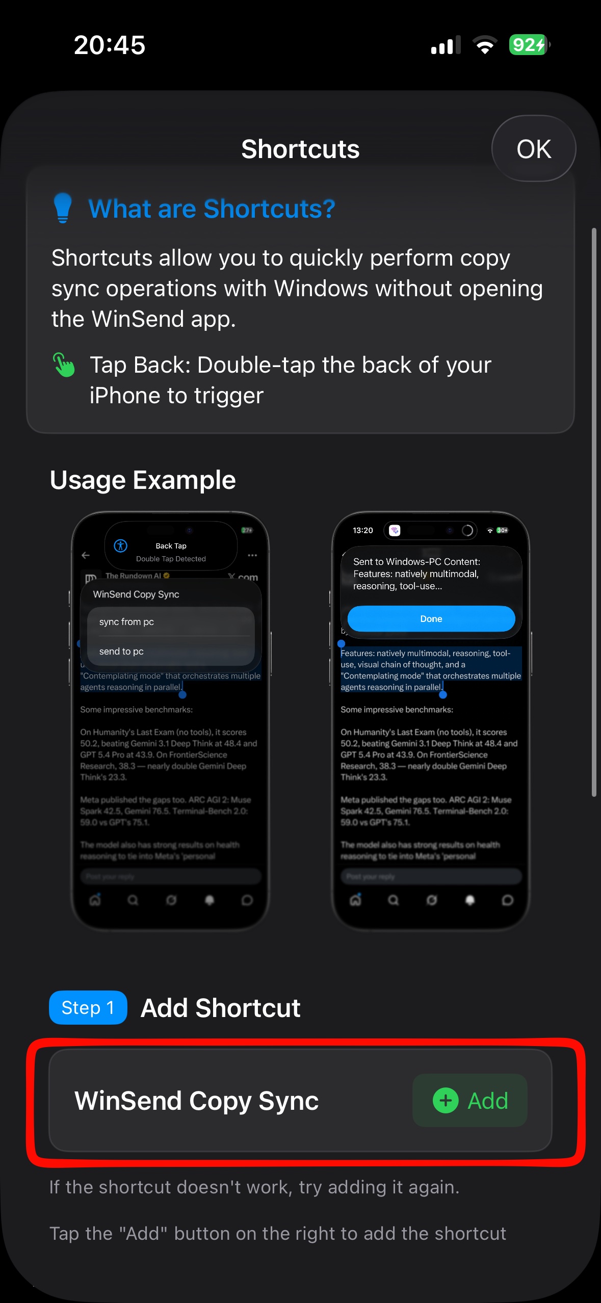 WinSend iPhone shortcuts setup page 2